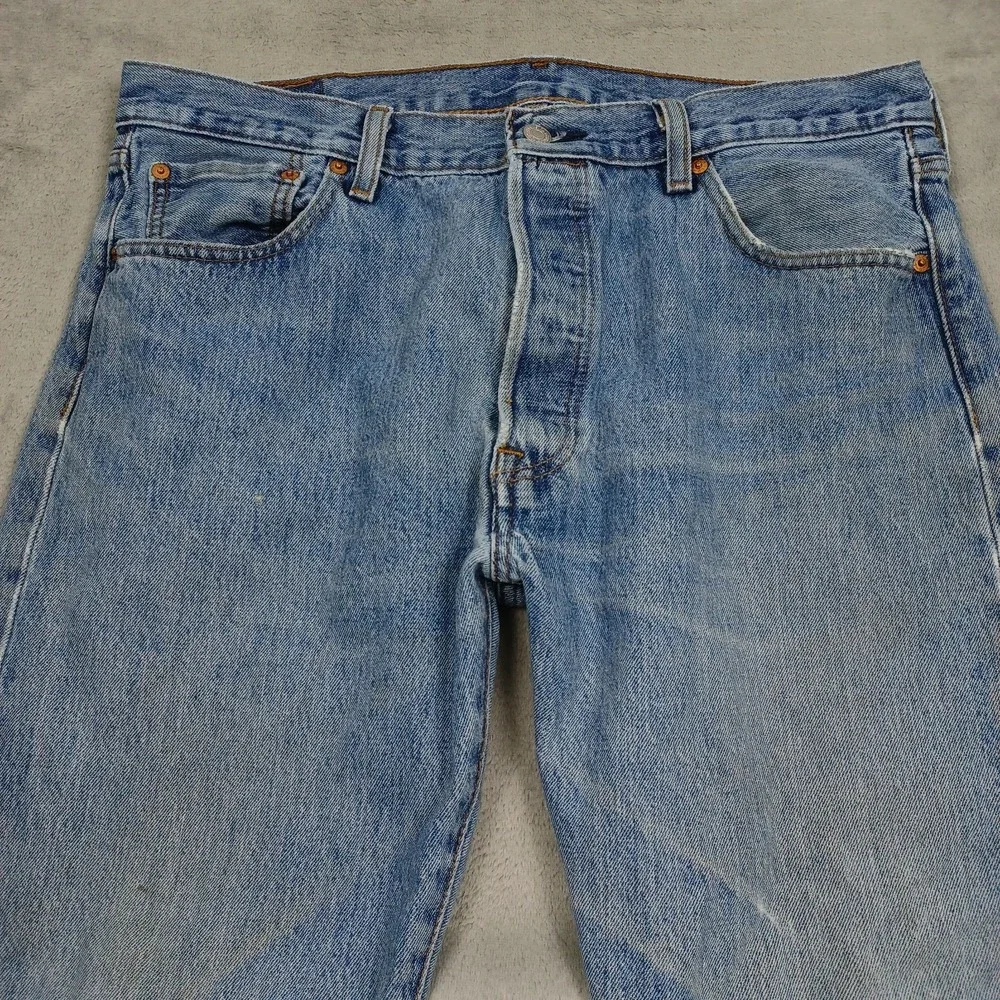 Levis 501 Jeans Mens 36x30 Blue Denim Classic Straight Button Fly Distressed